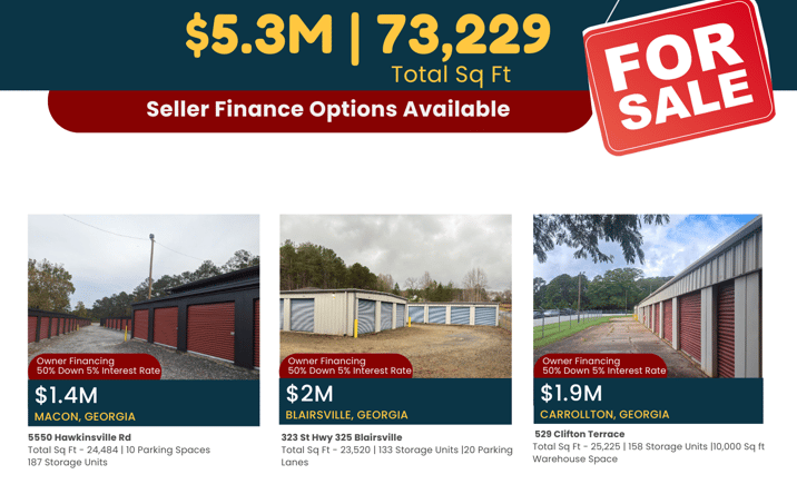 Pictures of Self Storage property located at 323 Hwy 325, Blairsville, GA 30512, 529 Clifton Terr, Carrollton, GA 30117, 5550 Hawkinsville Rd., Macon, GA 31216 for sales - image #1