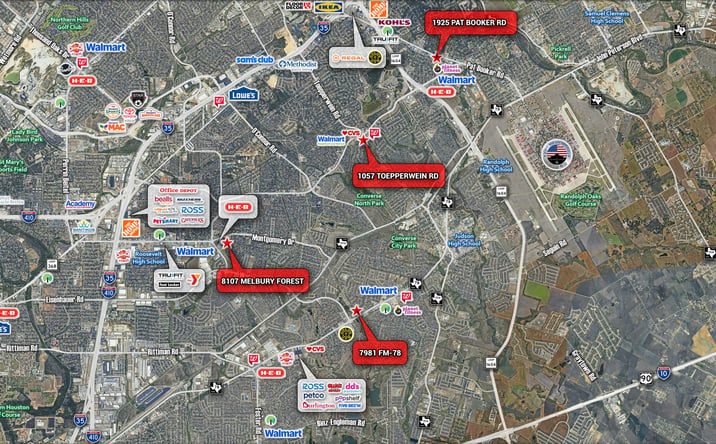 Pictures of Special Purpose property located at 1925 Pat Booker Rd, Universal City, TX 78148, 10597 Toepperwein Rd, Converse, TX 78109, 7981 Fm 78, San Antonio, TX 78244, 8107 Melbury Forest, San Antonio, TX 78239 for sales - image #1