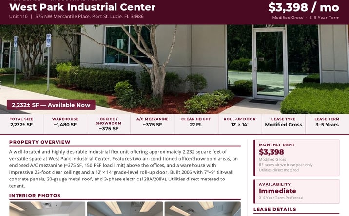 Pictures of Industrial property located at 575 NW Mercantile Place, Unit 110, Port St. Lucie, FL 34986 for lease - image #1
