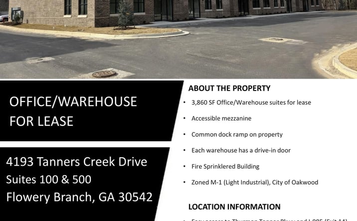 Pictures of Office, Industrial property located at 4193 Tanners Creek Drive, Suites 100 & 500, Flowery Branch, GA 30542 for lease - image #1