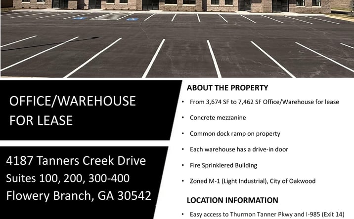 Pictures of Office, Industrial property located at 4187 Tanners Creek Drive, Suites 100, 200, 300-400, Flowery Branch, GA 30542 for lease - image #1