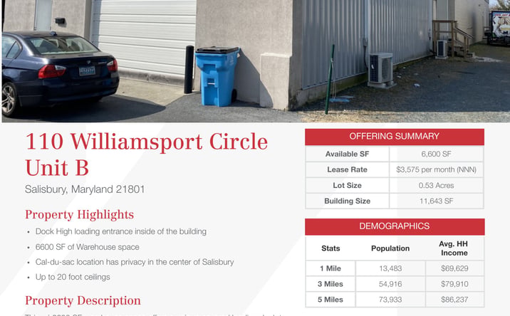Pictures of Industrial property located at 110 Williamsport Circle Unit B, Salisbury, MD 21801 for lease - image #1