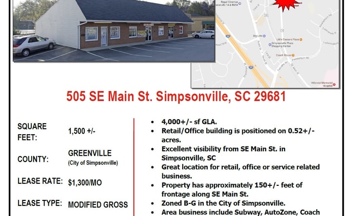 Pictures of Retail, Office property located at 505 SE Main St, Simpsonville, SC 29681 for lease - image #1